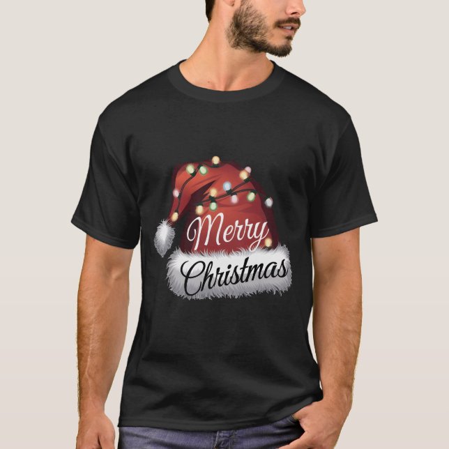 Camiseta Feliz Navidad Luces Red Santa Hat Familia de navid (Anverso)