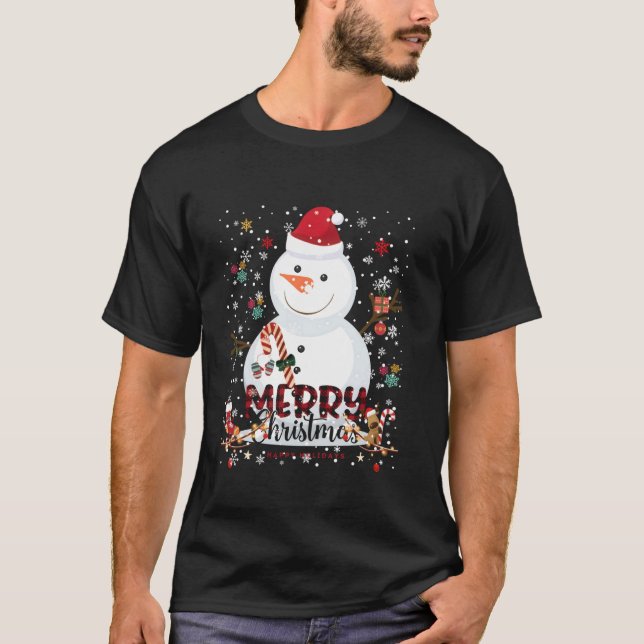Camiseta Feliz Navidad Luces Snowman Red Santa Hat Xmas (Anverso)