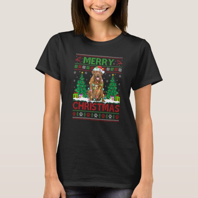 Camiseta Feliz Navidad Luciendo al feo perro de Burdeos Ch (Anverso)