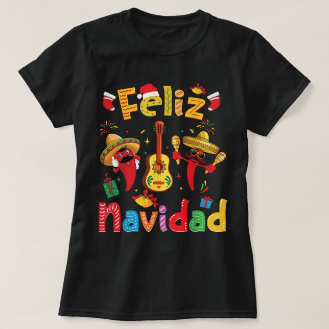 Camiseta Feliz Navidad México Fiesta Hot Pepper Guitar Xma (Diseño del anverso)