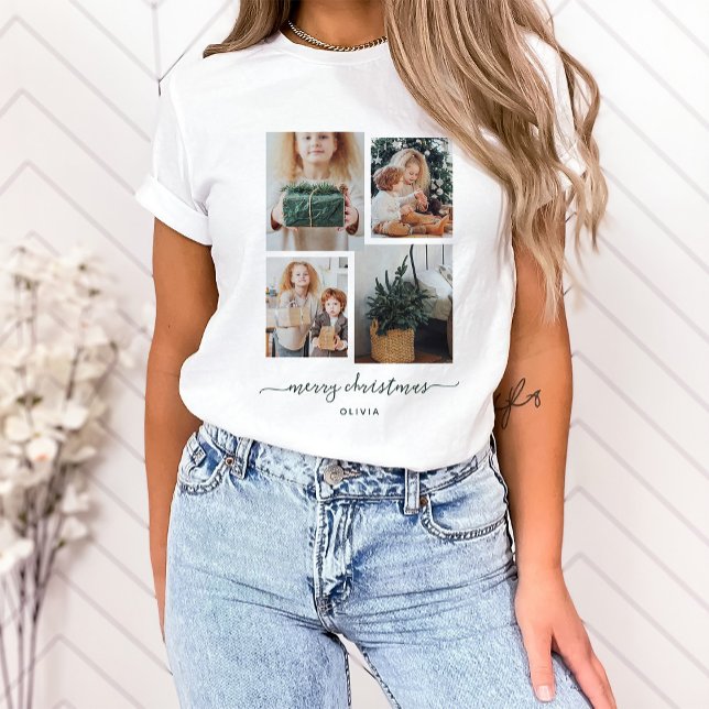 Camiseta Feliz Navidad | Moderno Collage de fotos Cuatro (This holiday shirt features a trendy and modern four photo collage with dark green script)