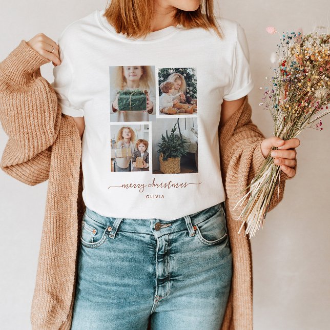 Camiseta Feliz Navidad | Moderno Collage de fotos Cuatro (This holiday shirt features a trendy and modern four photo collage with terracotta script)
