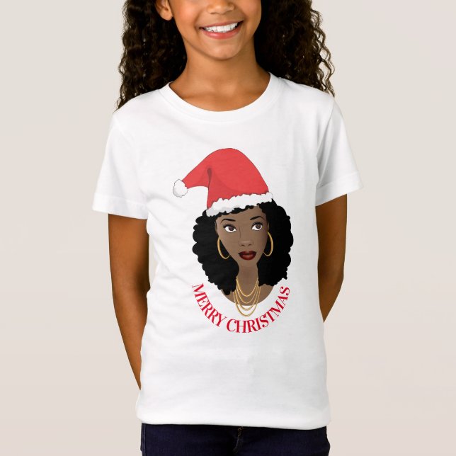 Camiseta Feliz Navidad, Mujer Negra, Sombrero Red Santa (Anverso)