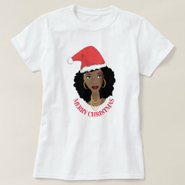 Camiseta Feliz Navidad, Mujer Negra, Sombrero Red Santa