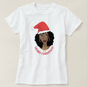 Camiseta Feliz Navidad, Mujer Negra, Sombrero Red Santa
