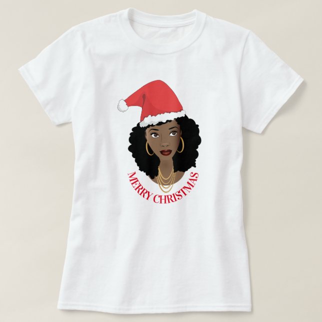 Camiseta Feliz Navidad, Mujer Negra, Sombrero Red Santa (Diseño del anverso)