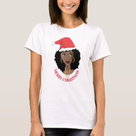 Camiseta Feliz Navidad, Mujer Negra, Sombrero Red Santa