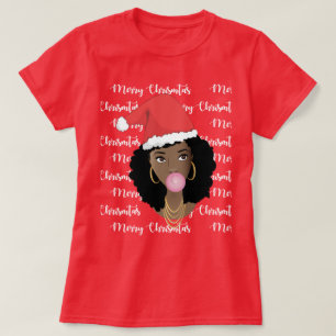 Camiseta Feliz Navidad, Mujer Negra, Sombrero Red Santa, Gu