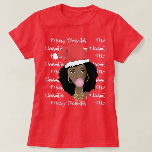 Camiseta Feliz Navidad, Mujer Negra, Sombrero Red Santa, Gu (Diseño del anverso)