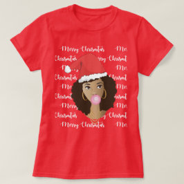 Camiseta Feliz Navidad, Mujer Negra, Sombrero Red Santa, Gu