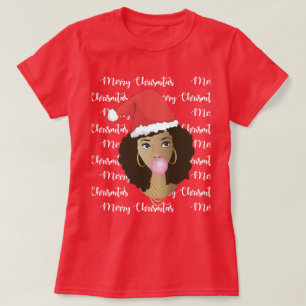 Camiseta Feliz Navidad, Mujer Negra, Sombrero Red Santa, Gu