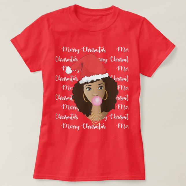 Camiseta Feliz Navidad, Mujer Negra, Sombrero Red Santa, Gu (Diseño del anverso)