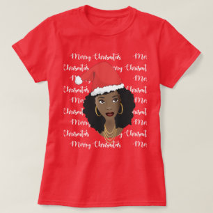 Camiseta Feliz Navidad, mujer negra, sombrero rojo