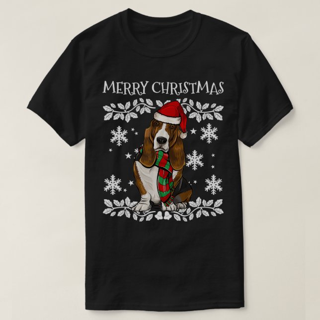 Camiseta Feliz Navidad Ornamento Basset Hound Navidad Santa (Diseño del anverso)