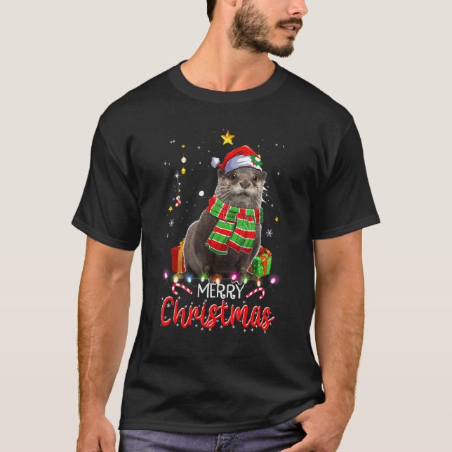 Camiseta Feliz Navidad Otter Santa Hat Tree iluminó Pajama (Anverso)