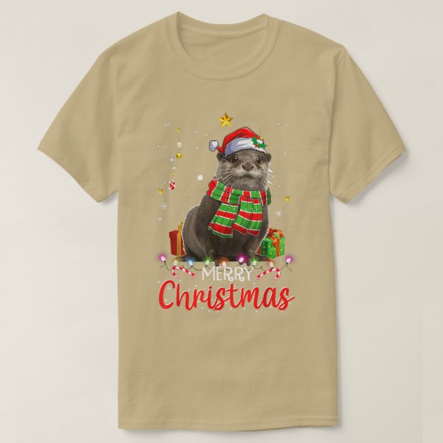 Camiseta Feliz Navidad Otter Santa Hat Tree iluminó Pajama (Diseño del anverso)