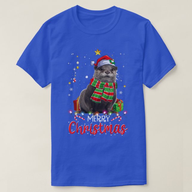 Camiseta Feliz Navidad Otter Santa Hat Tree iluminó Pajama (Diseño del anverso)
