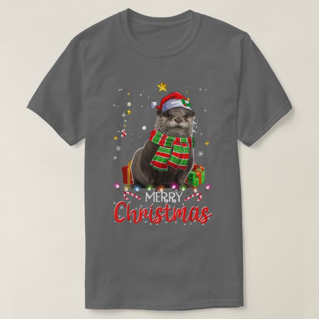 Camiseta Feliz Navidad Otter Santa Hat Tree iluminó Pajama (Diseño del anverso)