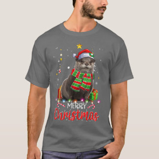 Camiseta Feliz Navidad Otter Santa Hat Tree iluminó Pajama