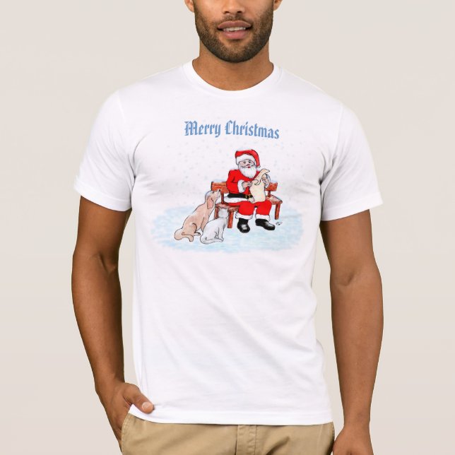 Camiseta Feliz Navidad - Papá Noel con gato y perro (Anverso)