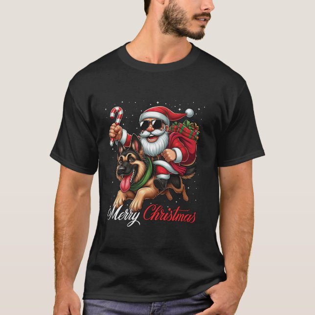 Camiseta Feliz Navidad Papá Noel montando un jeque alemán (Anverso)