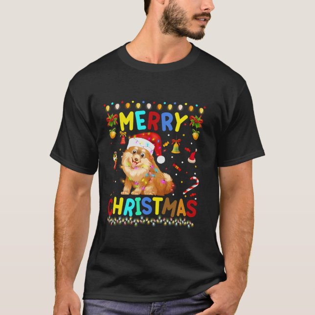 Camiseta Feliz Navidad Pequeña Spitz Santa Hat enciende Nav (Anverso)