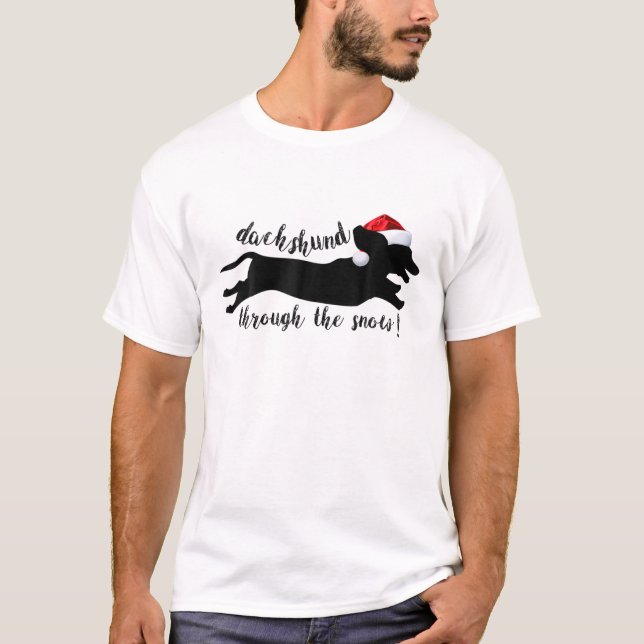 Camiseta Feliz Navidad, Perro Dachshund A Través De La Niev (Anverso)