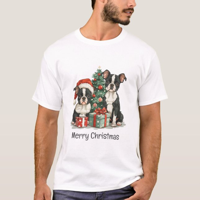 Camiseta Feliz Navidad Perros Terrier de Boston (Anverso)