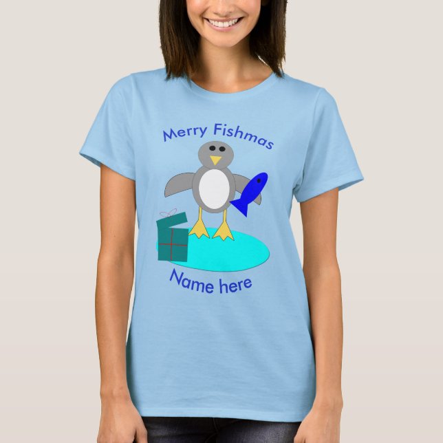 Camiseta Feliz Navidad Pescador Pingüino Personalizado Cami (Anverso)