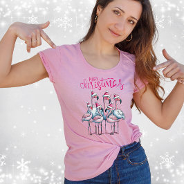 Camiseta Feliz Navidad Pink Flamingo Flock Santa Hat