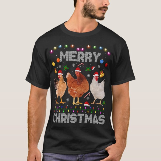 Camiseta Feliz Navidad Pollo Santa Hat Encendido Granja de  (Anverso)