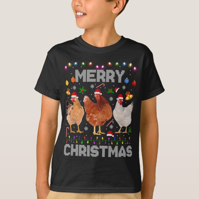 Camiseta Feliz Navidad Pollo Santa Hat Encendido Granja de  (Anverso)