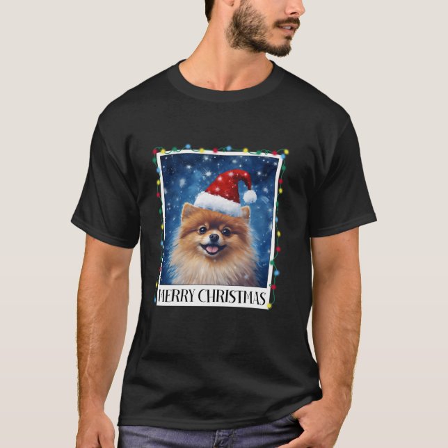 Camiseta Feliz Navidad Pomeranian Santa Hat Xmas Luz de per (Anverso)