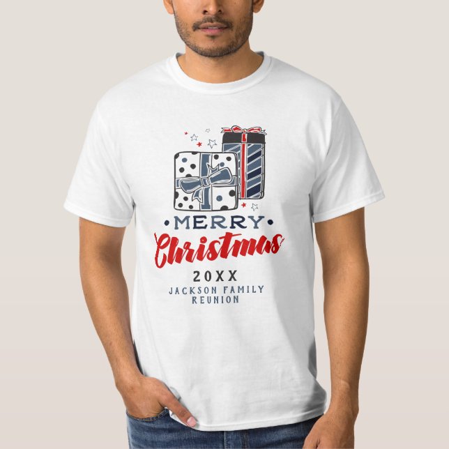Camiseta Feliz Navidad Presenta Personalizado Texto Rojo Az (Anverso)