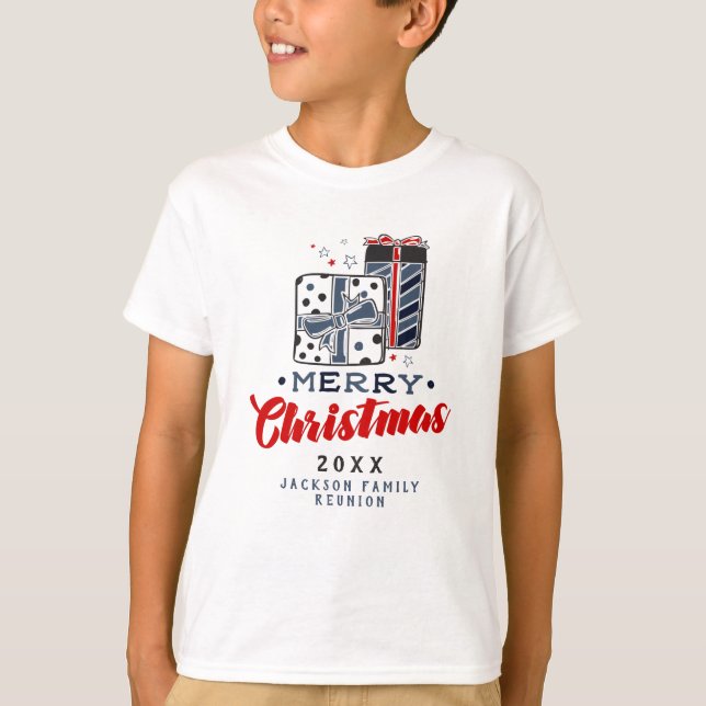 Camiseta Feliz Navidad presenta texto Personalizado azul ro (Anverso)