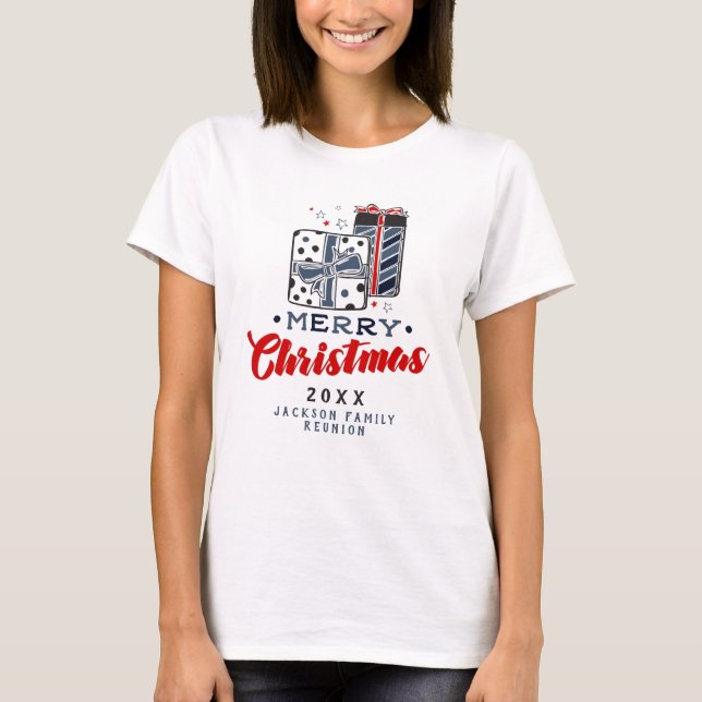 Camiseta Feliz Navidad presenta texto Personalizado azul ro (Anverso)