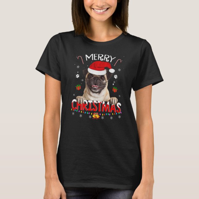 Camiseta Feliz Navidad Pug Dog Santa Hat Encendido Navidad  (Anverso)