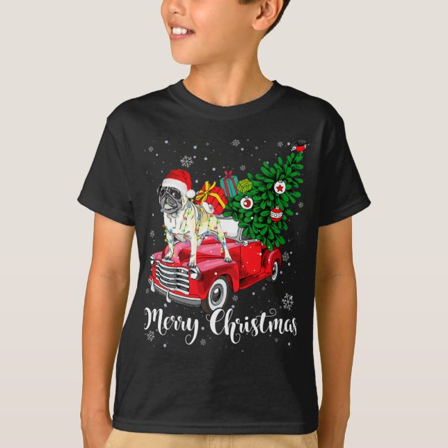 Camiseta Feliz Navidad Pug Lover Santa Light Red Truck Xm (Anverso)