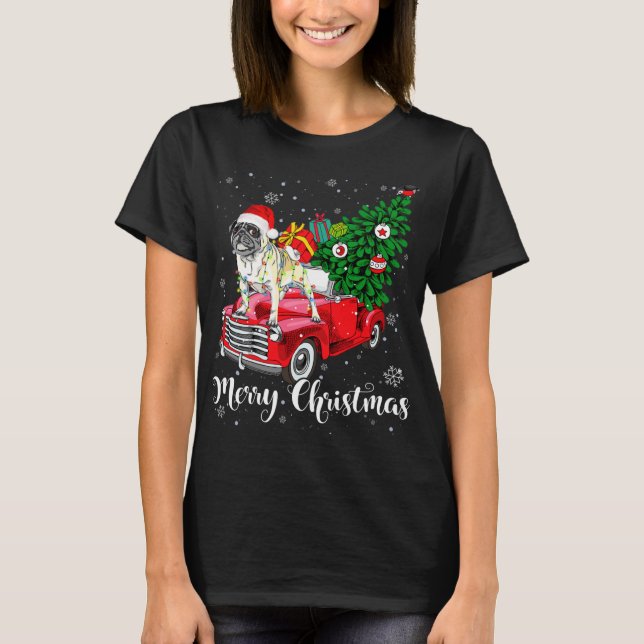 Camiseta Feliz Navidad Pug Lover Santa Light Red Truck Xm (Anverso)