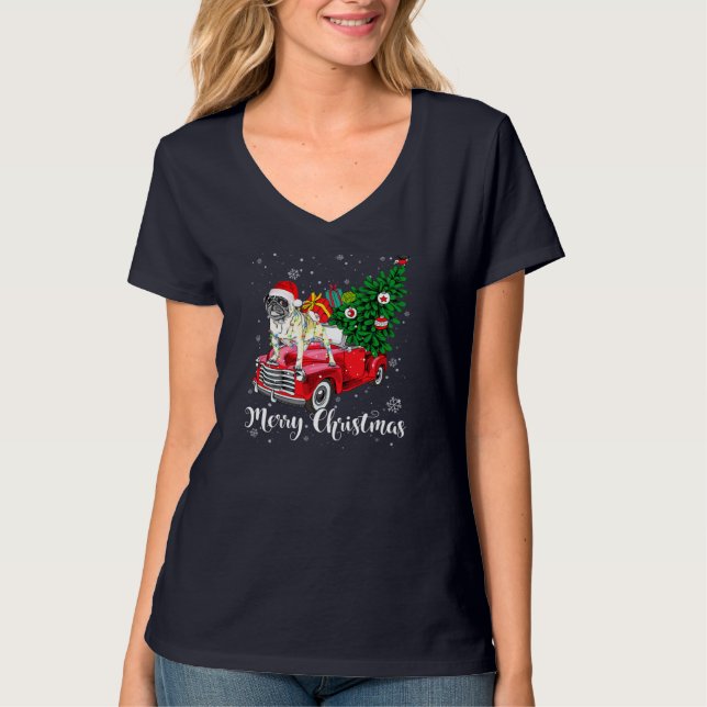 Camiseta Feliz Navidad Pug Lover Santa Light Red Truck Xm (Anverso)