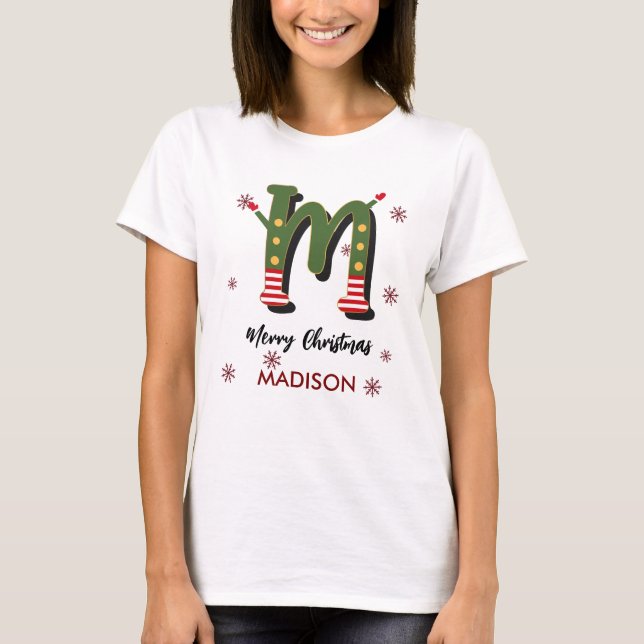 Camiseta Feliz Navidad Regalo Personalizado Letra M Nombre (Anverso)