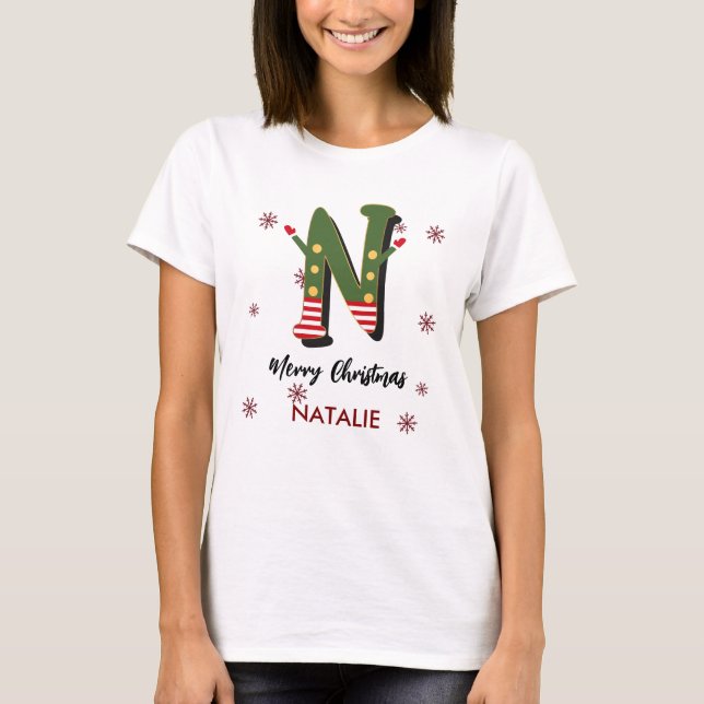 Camiseta Feliz Navidad Regalo Personalizado Letra N Nombre (Anverso)