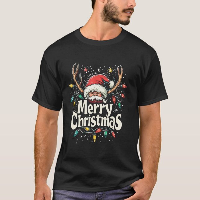 Camiseta Feliz Navidad Reindeer Red Santa Hat Familia de Na (Anverso)