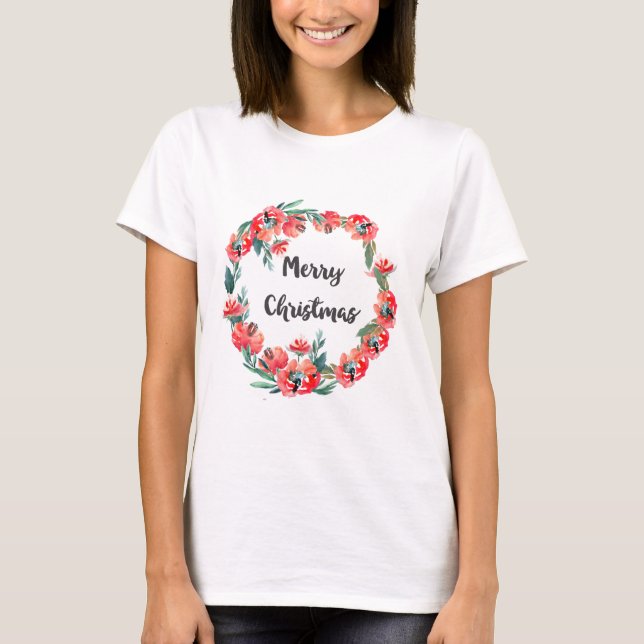 Camiseta Feliz Navidad Rojo Floral Agua Wreath (Anverso)