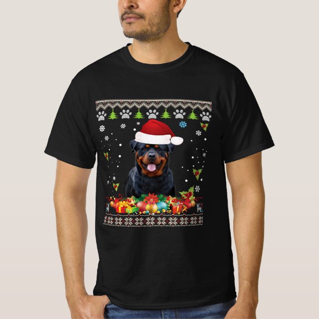 Camiseta Feliz Navidad Rottweiler Perro Ugly Santa Hat (Anverso)