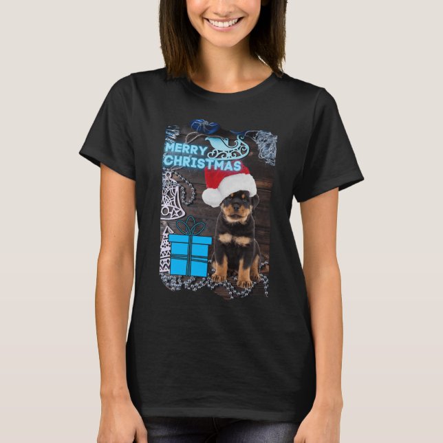 Camiseta Feliz Navidad Rottweiler Puppy Con Presente (Anverso)
