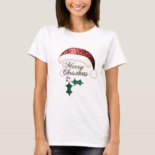 Camiseta Feliz Navidad Santa hat Red Gold Green Sparkings