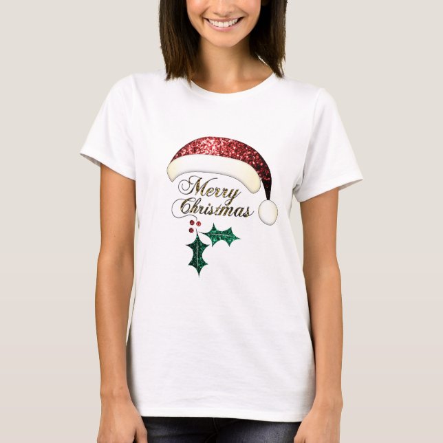 Camiseta Feliz Navidad Santa hat Red Gold Green Sparkings (Anverso)