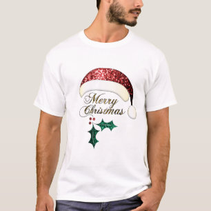 Camiseta Feliz Navidad Santa hat Red Gold Green Sparkings