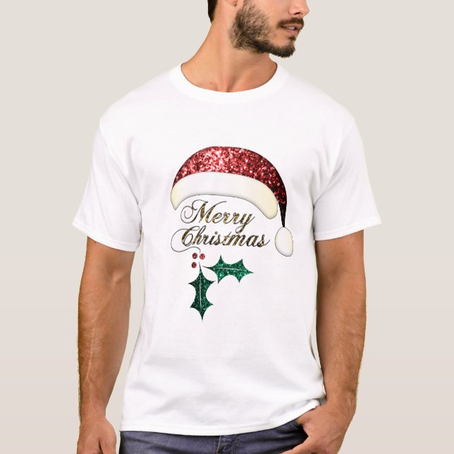 Camiseta Feliz Navidad Santa hat Red Gold Green Sparkings (Anverso)